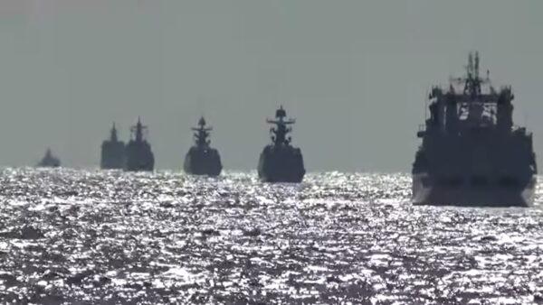 A group of naval vessels from Russia and China conduct a joint maritime military patrol in the waters of the Pacific Ocean, in this still image taken from video released on Oct. 23, 2021. (Russian Defence Ministry/Handout via Reuters)
