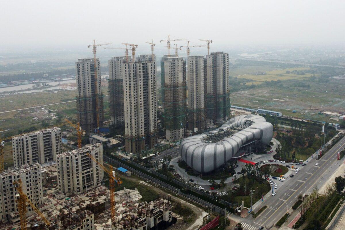 An aerial view shows residential buildings at the construction site of Evergrande Cultural Tourism City, a China Evergrande Group project whose construction has halted, in Suzhou's Taicang, Jiangsu Province, China, on Oct. 22, 2021. (Xihao Jiang/Reuters)