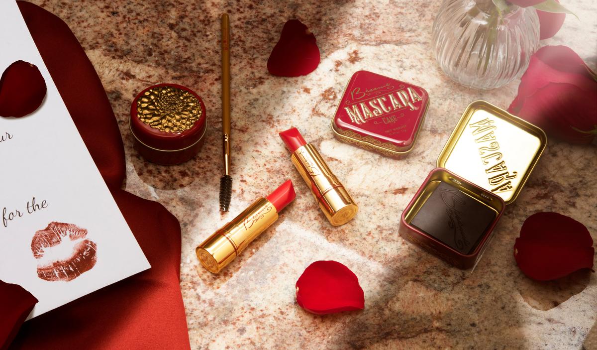 Bésame's products, such as the cream rouge, lipsticks, and cake mascara pictured here, are all based on classic cosmetics. (Courtesy of Bésame Cosmetics)