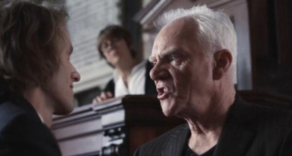 Luke (Bart Bronson), left, and Satan (Malcolm McDowell) in “Suing the Devil”. (Mouthwatering Productions)