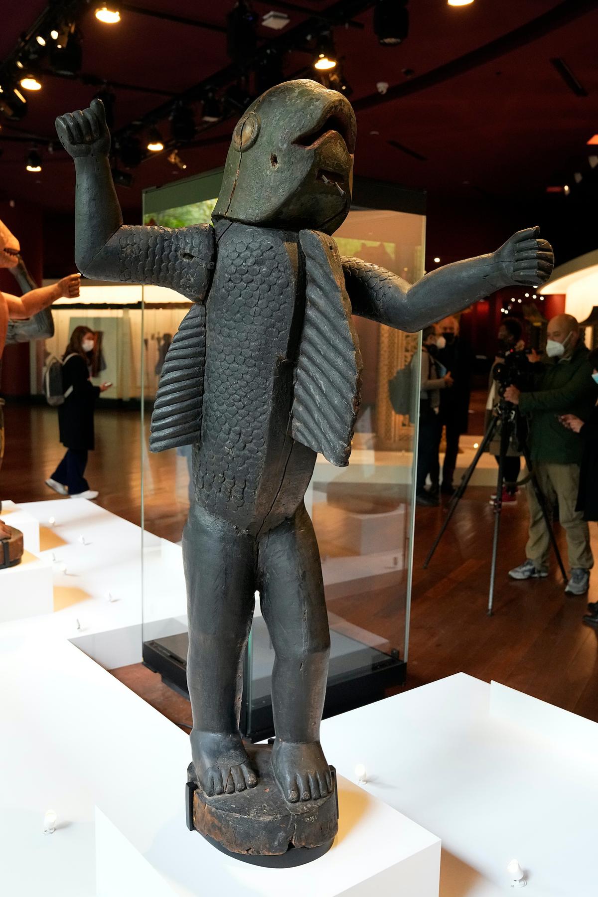 A royal statue of Benin's 19th century King Behanzin is pictured at the Quai Branly–Jacques Chirac museum in Paris, on Oct. 25, 2021. (Michel Euler/AP Photo)