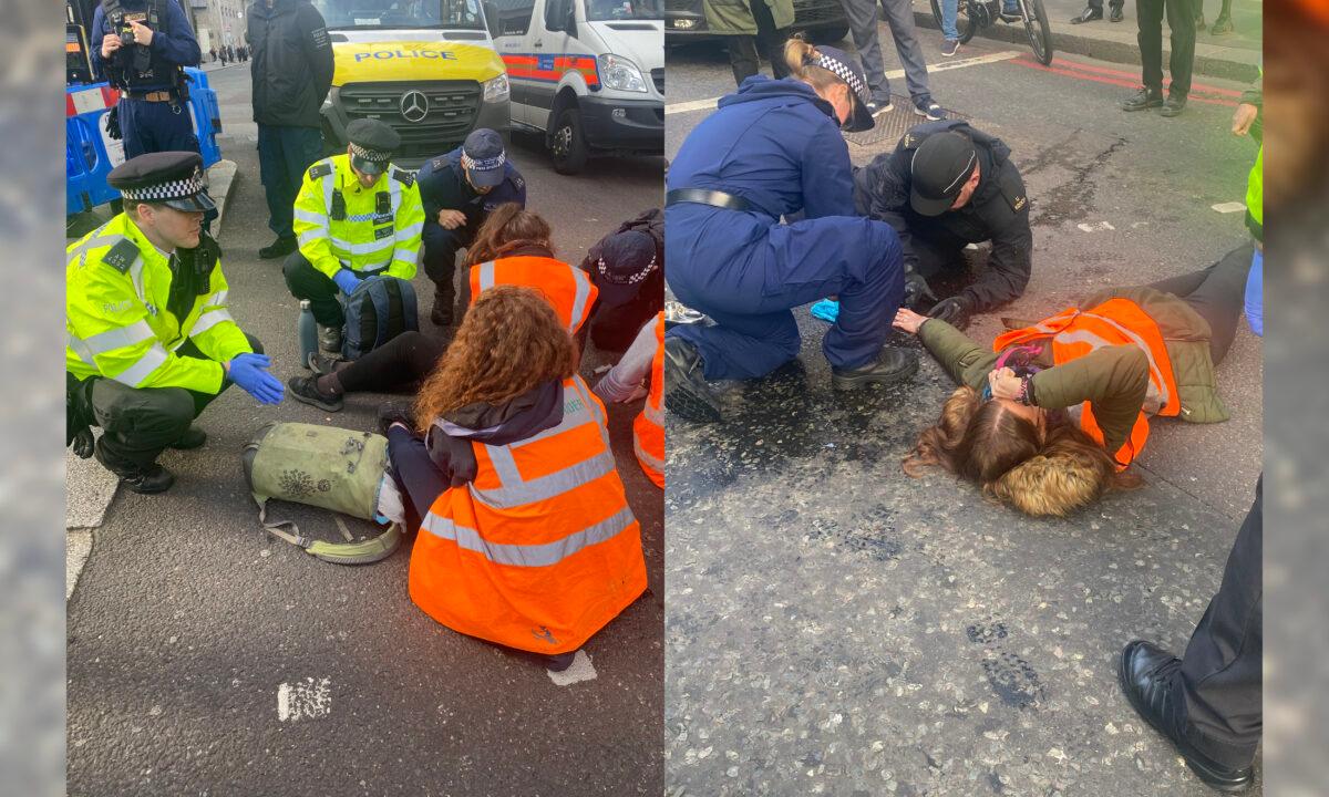 L: A police officer talks to a protester, who claims she has been arrested 14 times whilst protesting, during an Insulate Britain protest in central London on Oct. 25, 2021. R: Public Order Instructors from the Metropolitan Police work to release a woman who has glued herself to the floor at an Insulate Britain protest in central London on Oct. 25, 2021. (Sophie Corcoran/PA)
