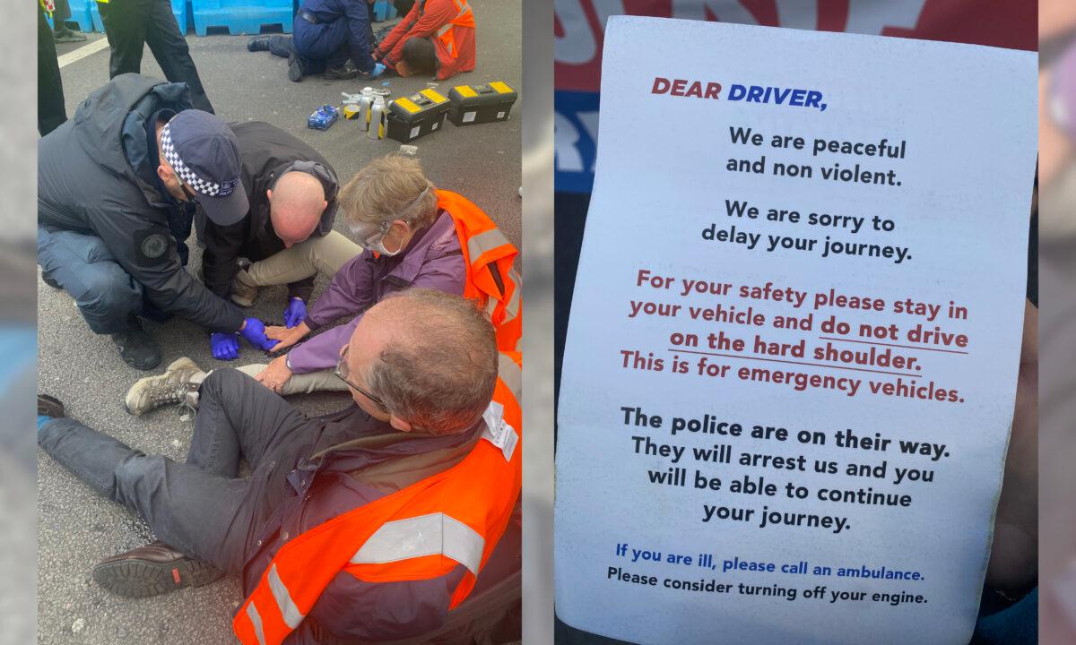 (L) Officers from the Metropolitan Police work to release a woman who has glued herself to the road at an Insulate Britain protest in central London on Oct. 25, 2021. (R) A notice from Insulate Britain handed out to drivers during a protest in central London on Oct. 25, 2021. (Sophie Corcoran/PA)