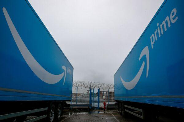 Amazon trailer trucks are seen at Cherbourg Harbour, France on Jan. 21, 2021. (Gonzalo Fuentes/Reuters)