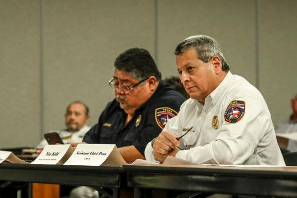 Fernando Perez (L) and Tony Pena of the Texas Department of Emergency Management in Uvalde, Texas, on Oct. 21, 2021. (Charlotte Cuthbertson/The Epoch Times)