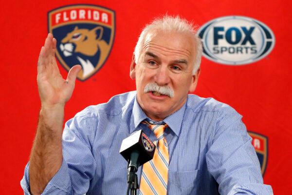 Florida Panthers head coach and former Chicago Blackhawks coach, Joel Quenneville, responds to a question during his first visit back to Chicago as a head coach before an NHL hockey game between the Blackhawks and Panthers, on Jan. 21, 2020. (Charles Rex Arbogast/AP Photo)