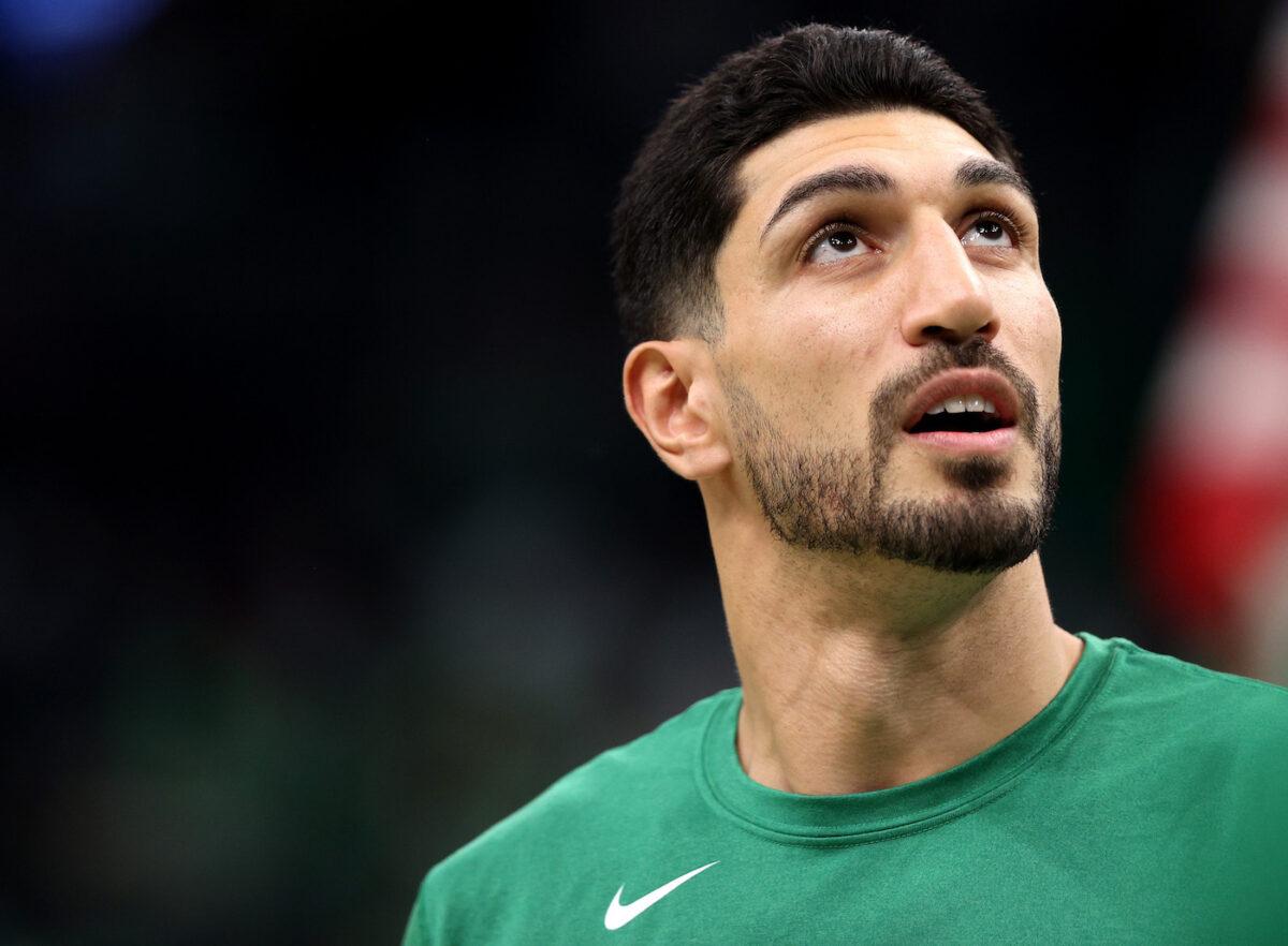 Enes Kanter of the Boston Celtics looks on before during the Celtics home opener against the Toronto Raptors at TD Garden in Boston, Mass., on Oct. 22, 2021. (Maddie Meyer/Getty Images)