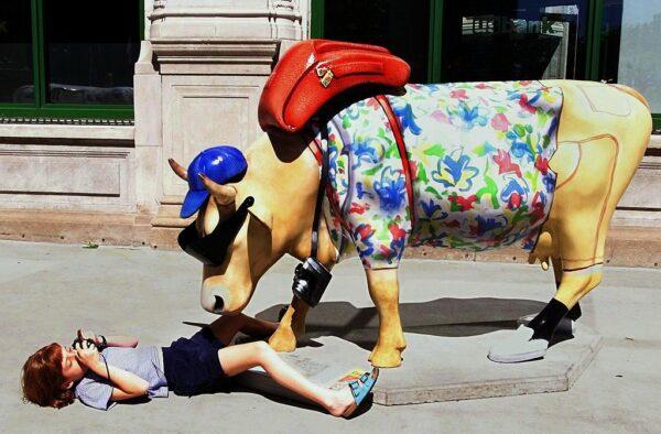 A child takes a picture of one of the 300 life-size painted and sculpted Fiberglass cows on display as part of the "Cows on Parade" in Chicago, Ill., on June 29, 1999. (Jeff Haynes/AFP via Getty Images)