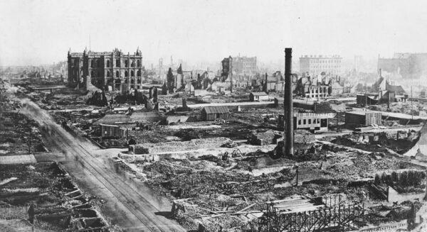 A view of downtown Chicago, including the damages Court House, in the aftermath of the Great Chicago Fire, Ill., October 1871. (Photo by Archive Photos/Getty Images)
