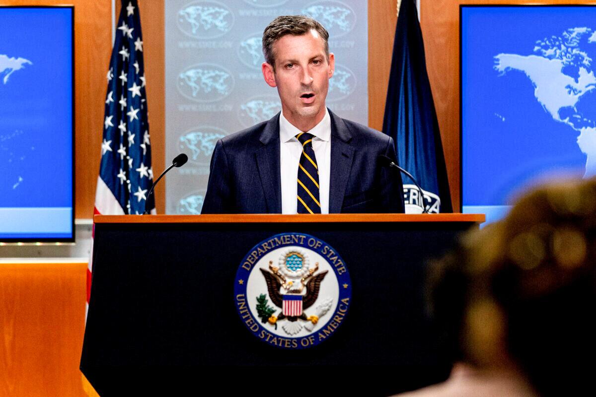 State Department spokesman Ned Price speaks on the situation in Afghanistan at the State Department in Washington, DC, on Aug. 18, 2021. (Andrew Harnik/Pool via Reuters)