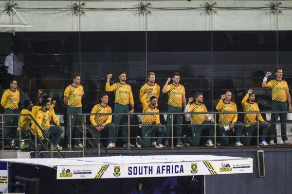 South Africa’s team kneels in support of Black Lives Matter before the start of the final international Twenty20 cricket match between Sri Lanka and South Africa at the R. Premadasa Stadium in Colombo, Sri Lanka, on Sept. 14, 2021. (Ishara S. Kodikara/AFP via Getty Images)