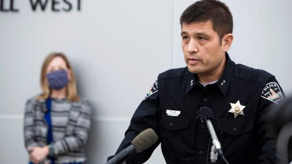 Boise Chief of Police Ryan Lee and Mayor Lauren McLean at a press conference in Boise, Idaho, on Oct. 26, 2021. (Darin Oswald/Idaho Statesman via AP)