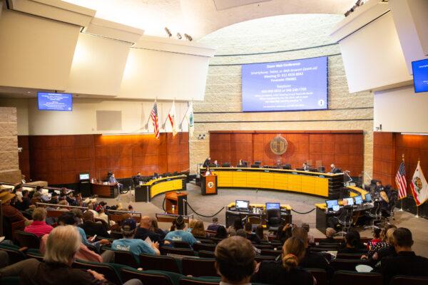 The Irvine City Council holds a meeting in Irvine, Calif., on Oct. 26, 2021. (John Fredricks/The Epoch Times)