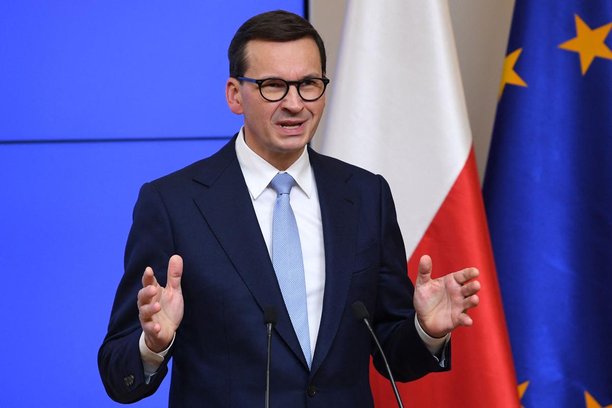 Poland's Prime Minister Mateusz Morawiecki speaks during a press conference at the end of the second day of a European Union leaders meeting in Brussels, Belgium, on Oct. 22, 2021. (John Thys/AFP via Getty Images)