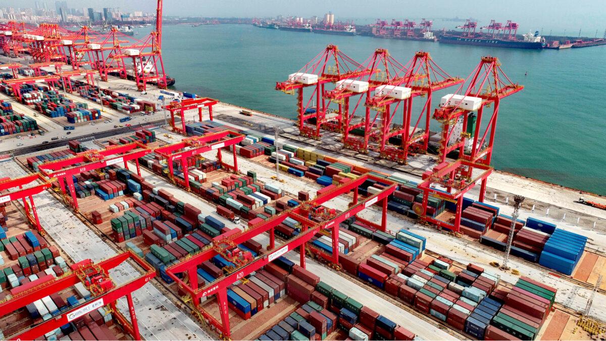 An aerial view of a new automated container port in Rizhao in China's Shandong Province on Oct. 9, 2021. (Chinatopix via AP)