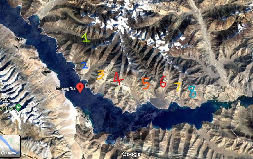 Finger One to Finger Eight (Indian military patrolling areas) at the Pangong Tso Lake while the white line is the de facto border called the Line of Actual Control between India and China. Locals say their winter pastures lie between Finger One and Finger Two. (Google maps)