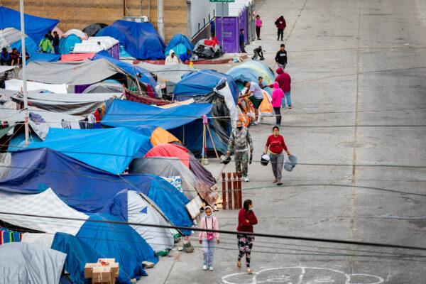 A migrant encampment located in the El Chapperal in Tijuana, Mex., on April 22, 2021. (John Fredricks/The Epoch Times)