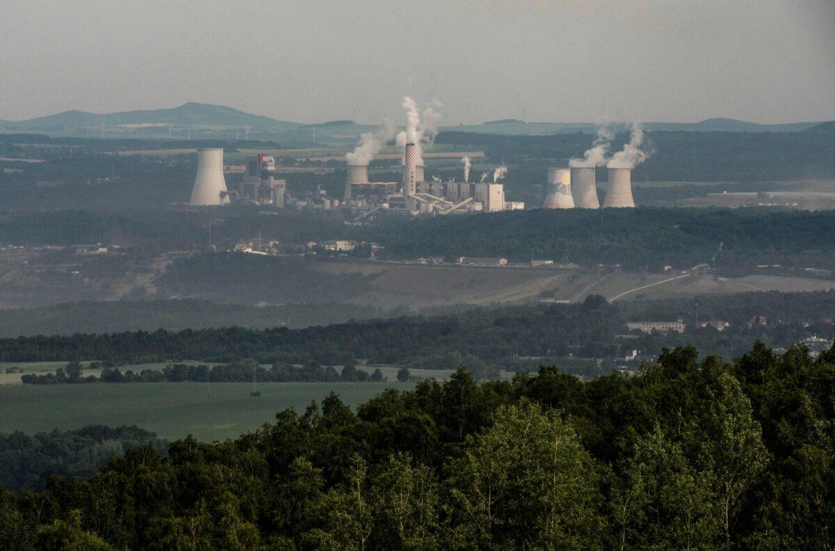 The Polish coal-fired power plant Turow is seen from a hill near the village of Vitkov in the Czech Republic on June 28, 2021. (Michael Cizek/AFP via Getty Images)