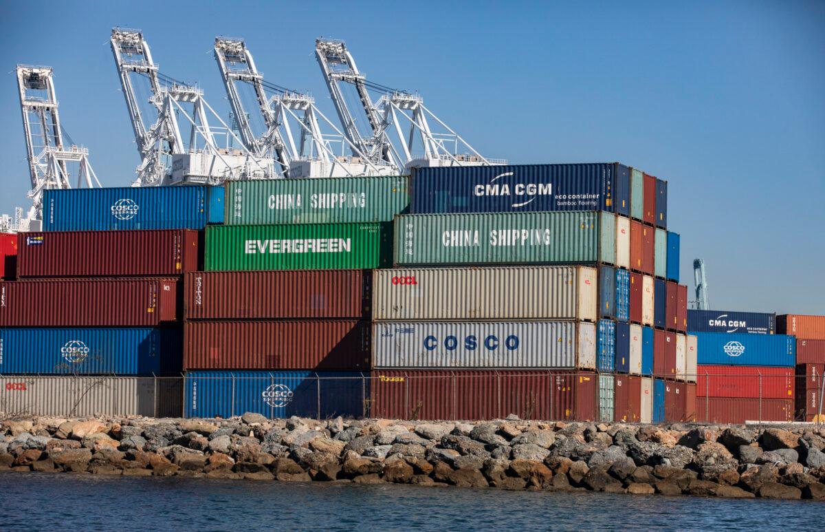 Delays in the transfer of cargo continue in Southern California as vessels line the horizon waiting to offload containers into the Ports of Los Angeles and Long Beach, Calif., on Oct. 27, 2021. (John Fredricks/The Epoch Times)