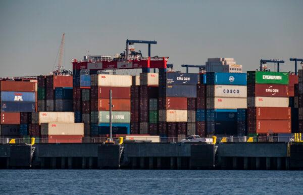 Delays in the transfer of cargo continue in Southern California as vessels line the horizon waiting to offload containers into the Ports of Los Angeles and Long Beach, Calif., on Oct. 27, 2021. (John Fredricks/The Epoch Times)