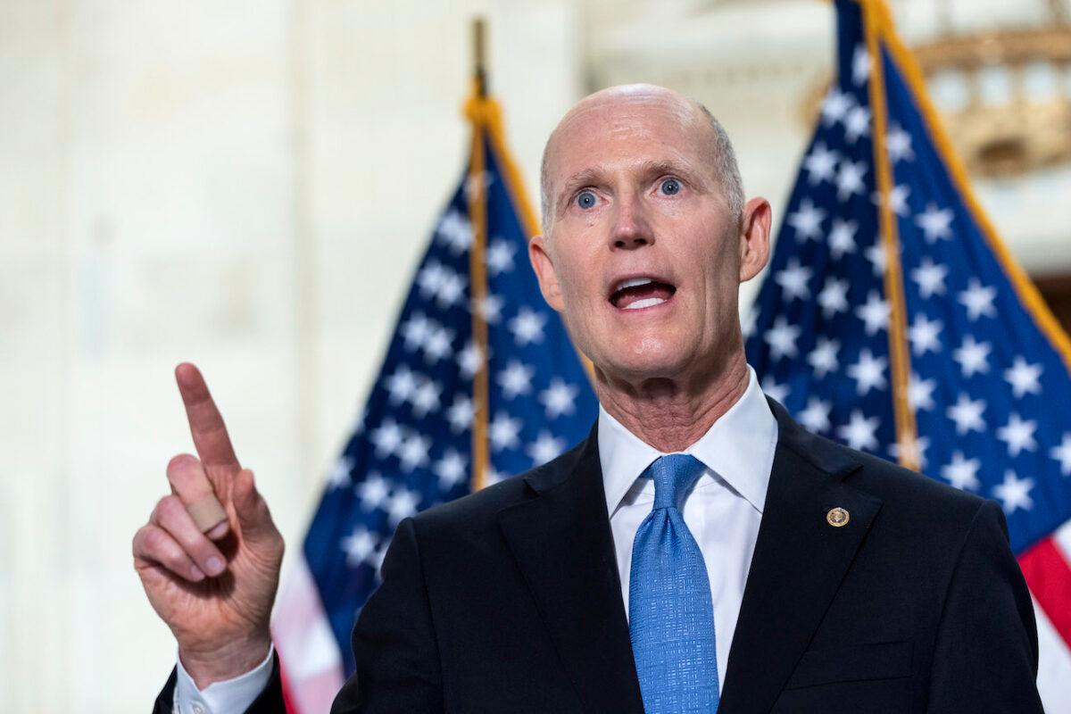 Sen. Rick Scott (R-Fla.) speaks during a news conference on Capitol Hill in Washington on May 26, 2021. (Drew Angerer/Getty Images)