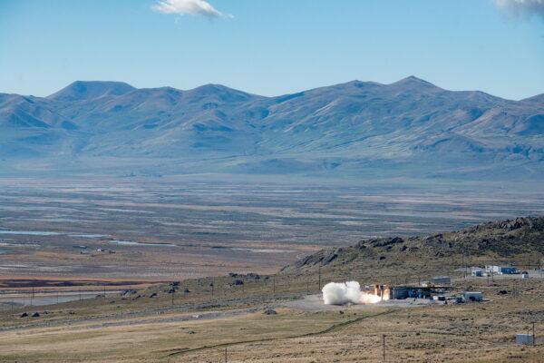 The U.S. Navy, in collaboration with the U.S. Army, conducts a static fire test of the first stage of the newly developed 34.5" common hypersonic missile that will be fielded by both services, in Promontory, Utah, on Oct. 28, 2021. (Northrop Grumman/Handout via Reuters)