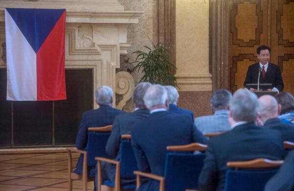 Taiwan's Foreign Minister Joseph Wu delivers his speech after he received the Silver Commemorative Medal of the Senate of the Parliament of the Czech Republic from President of Czech Senate Milos Vystrcil (unseen), in Prague, on Oct. 27, 2021. (Michal Cizek/AFP via Getty Images)