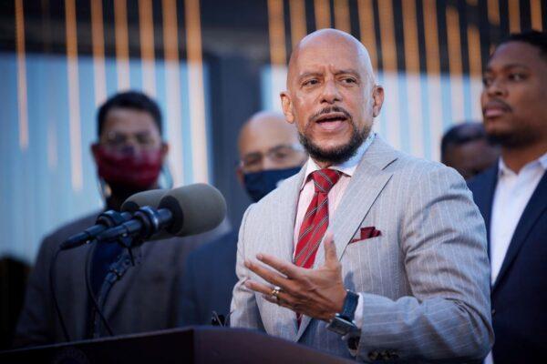 State Sen. Vince Hughes speaking with the press. at the Discovery Center in Philadelphia, Pennsylvania. - Oct. 28, 2021 (Commonwealth Media Service)