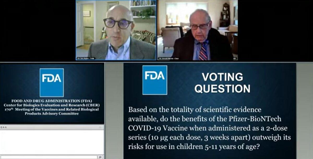 In this image from video, Dr. Eric Rubin (L) explains why he will vote to advise the FDA to authorize Pfizer's COVID-19 vaccine for young children during an FDA advisory panel meeting on Oct. 26, 2021. (The Epoch Times via FDA)
