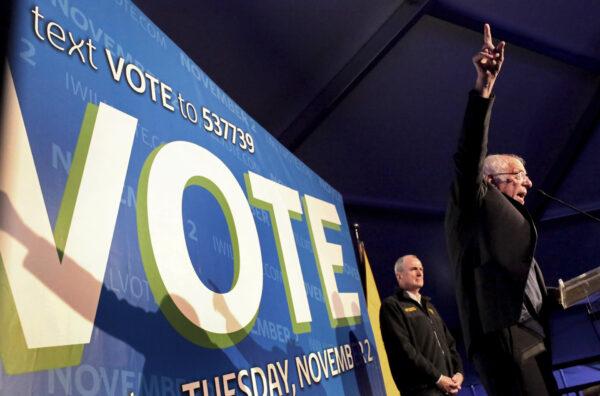 Sen. Bernie Sanders (I-Vt.) speaks during a Get Out the Vote rally with New Jersey Gov. Phil Murphy (L) in New Brunswick, N.J., on Oct. 28, 2021. (Yana Paskova/Getty Images)