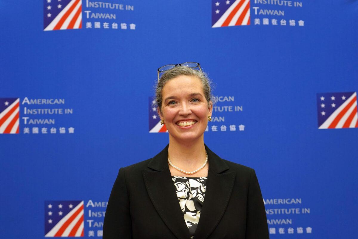 Sandra Oudkirk, the new director of the American Institute in Taiwan, the de facto embassy, speaks during her first public news conference held in Taipei, Taiwan, on Oct. 29, 2021. (American Institute in Taiwan via AP)