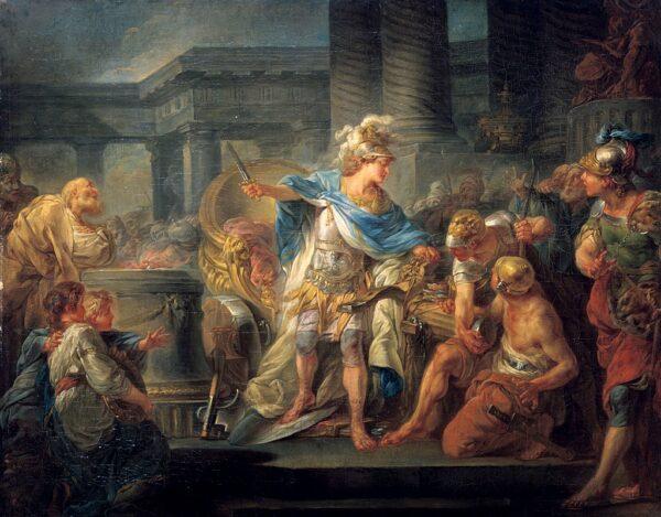 With a simple thrust of his sword, Alexander the Great severed the Gordian knot and so fulfilled the oracular prophesy that whosoever untied the knot would become emperor of Asia Minor. "Alexander Cuts the Gordian Knot," circa 1767, by Jean-Simon Berthélemy. Beaux-Arts de Paris. (PD-US)