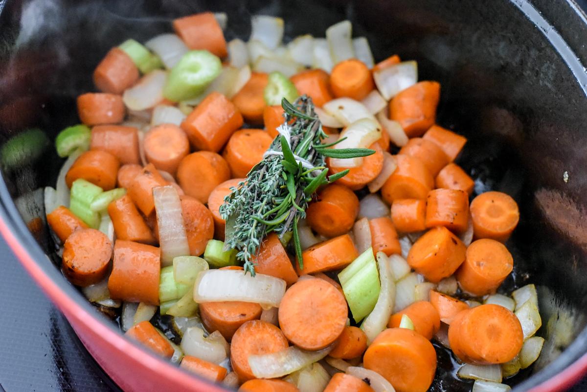 Sauté the chopped vegetables until glistening. (Audrey Le Goff)