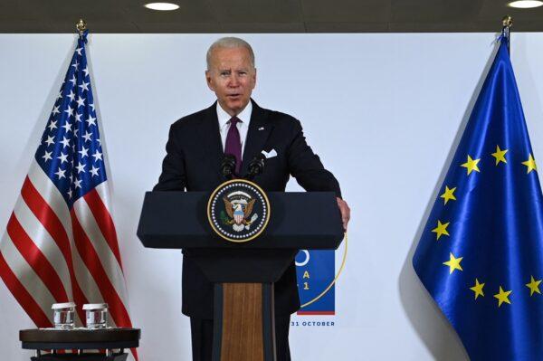 President Joe Biden addresses the media during the G-20 of World Leaders Summit at the convention center "La Nuvola" in the EUR district of Rome on Oct. 31, 2021. (Brendan Smialowski/AFP via Getty Images)