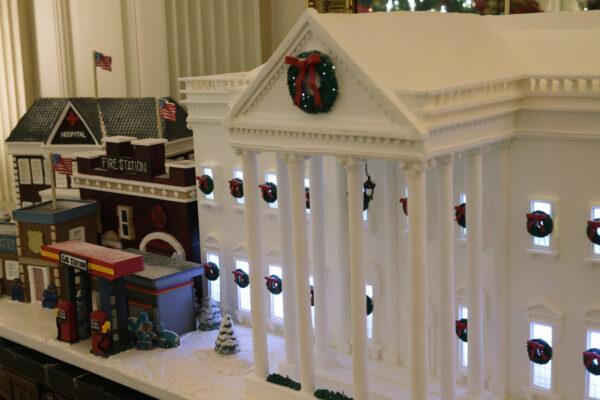 The official 2021 Gingerbread White House is displayed in the State Dining Room of the White House during a press preview of the holiday decorations on Nov. 29, 2021. (Alex Wong/Getty Images)