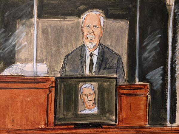 In this courtroom sketch, Lawrence Paul Visoski Jr., who was one of Jeffrey Epstein's pilots, testifies on the witness stand during Ghislaine Maxwell's sex trafficking trial in New York, on Nov. 29, 2021. (AP Photo/Elizabeth Williams)