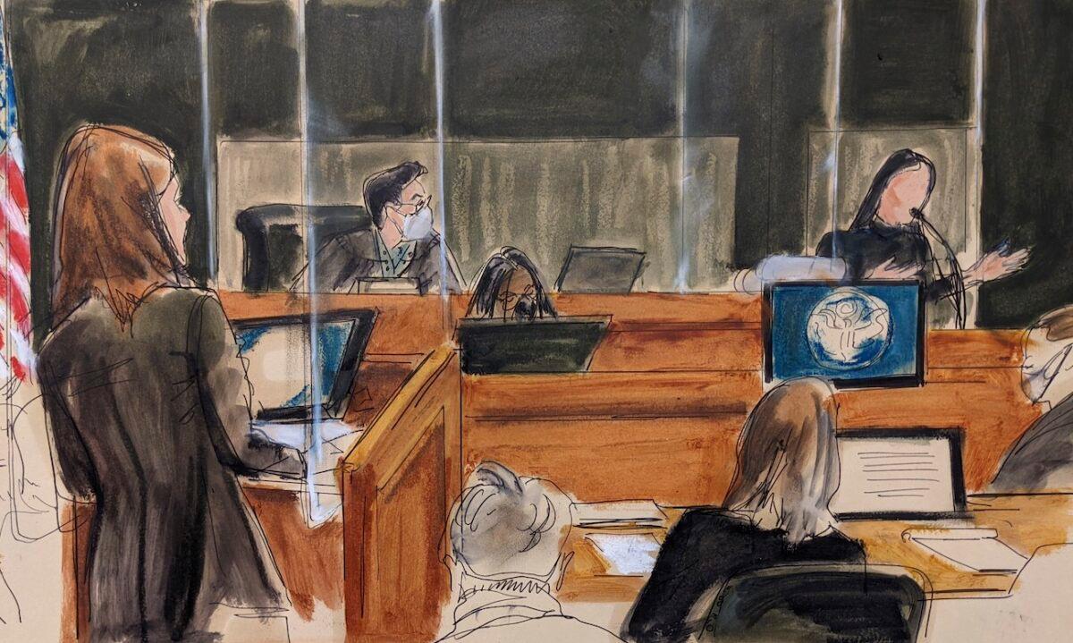 In this courtroom sketch, assistant U.S. attorney Alison Moe questions unidentified victim "Jane" about her experiences with Jeffrey Epstein and Ghislaine Maxwell, in New York, on Nov. 30, 2021. (AP Photo/Elizabeth Williams)