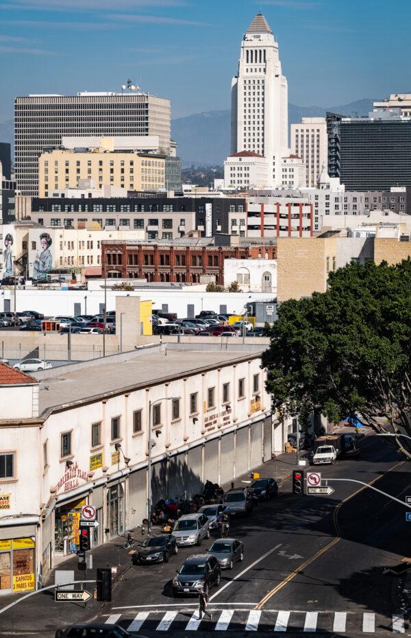Skid Row, with the Los Angeles City Hall in the background, on May 5, 2018. (John Fredricks/The Epoch Times)