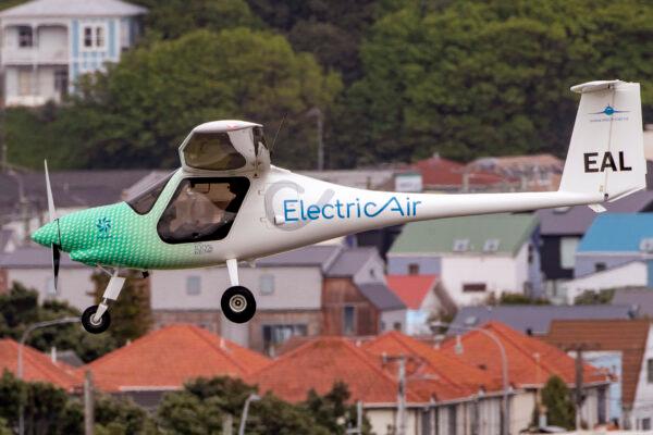 The ElectricAir plane is on approach before landing at Wellington Airport in Wellington, New Zealand, on Nov. 1, 2021. (Mark Mitchell/New Zealand Herald via AP)