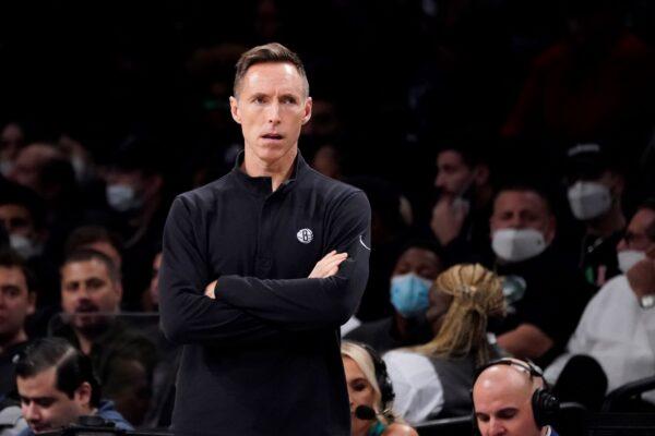 Brooklyn Nets head coach Steve Nash looks on during the first half of an NBA basketball game against the Detroit Pistons in New York on Oct. 31, 2021. (Corey Sipkin/AP Photo)