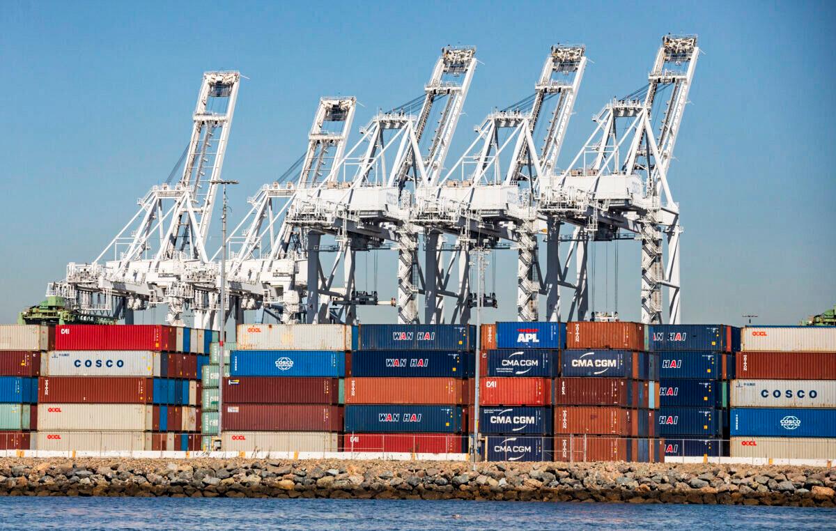 Delays in the transfer of cargo continue in Southern California as vessels line the horizon waiting offload containers into the Ports of Los Angeles and Long Beach, Calif., on Oct. 27, 2021. (John Fredricks/The Epoch Times)