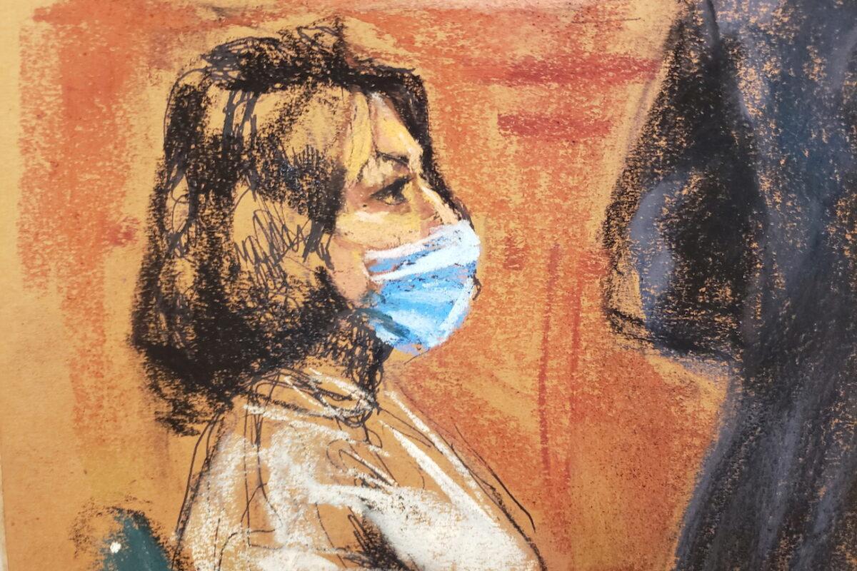 Ghislaine Maxwell, the Epstein associate accused of sex trafficking, watches as Lawrence Visoski, longtime pilot of the late Jeffrey Epstein, is cross-examined during her trial in a courtroom sketch in New York City, on Nov. 30, 2021. (Jane Rosenberg/Reuters)