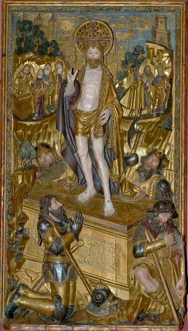 "The Resurrection," circa 1480–1500, attributed to Gil de Siloé. Wooden altarpiece (pine), polychrome; 83 1/8 inches by 47 5/8 inches by 14 5/8 inches. (The Hispanic Society Museum & Library)