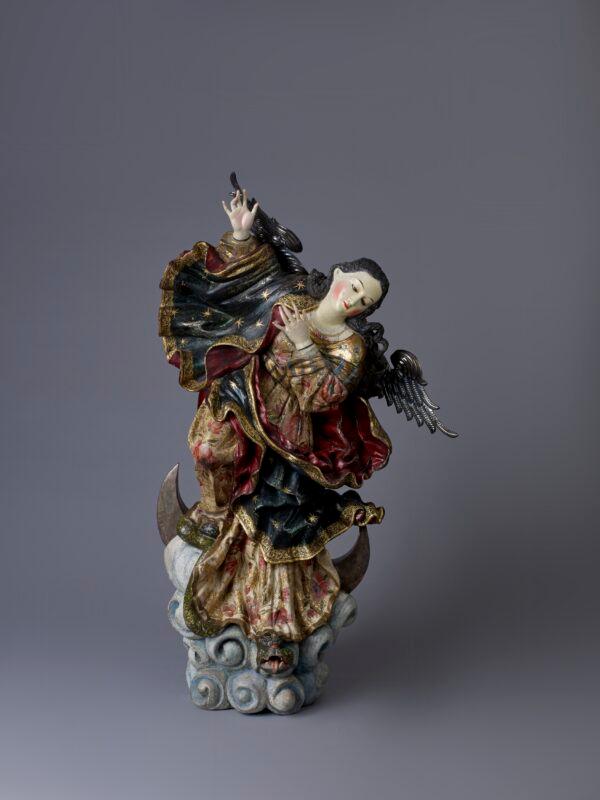 "Our Lady of the Apocalypse" or "Virgin of Quito," 1700–25, by an anonymous Ecuadorian sculptor. Polychromed and gilded wood; 31 1/4 inches by 11 1/2 inches by 16 3/8 inches (with wings). (The Hispanic Society Museum & Library)