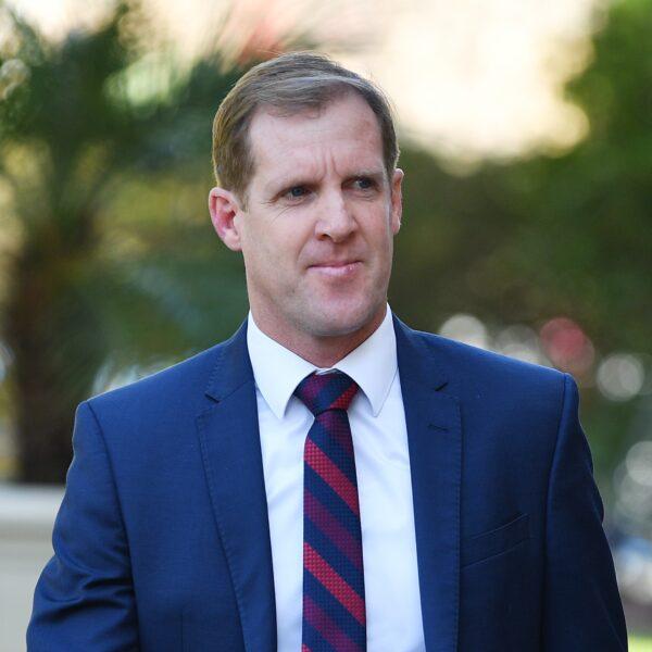 Liberal MP Stephen Patterson arrives at a swearing-in ceremony for new ministers at Government House in Adelaide, Australia, on July 29, 2020. (AAP Image/David Mariuz)