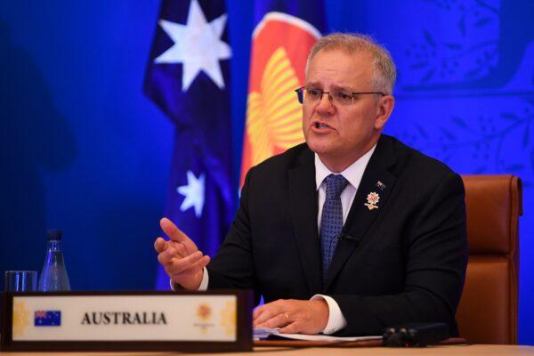 Australian Prime Minister Scott Morrison attends virtually during the first ASEAN-Australia Summit at Parliament House in Canberra, Australia, on Oct. 27, 2021. (AAP Image/Lukas Coch)
