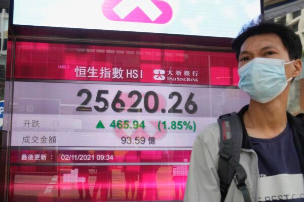 A man wearing a face mask walks past a bank's electronic board showing the Hong Kong share index in Hong Kong on Nov. 2, 2021. (Kin Cheung/AP Photo)