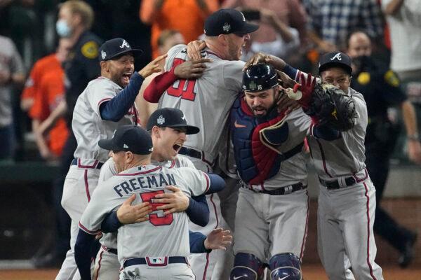 The Atlanta Braves celebrate after winning baseball’s World Series in Game 6 against the Houston Astros in Houston on Nov. 2, 2021. (Sue Ogrocki/AP Photo)