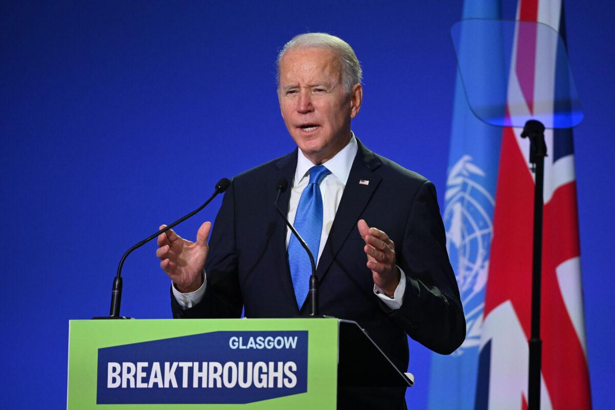President Joe Biden speaks during the World Leaders' Summit "Accelerating Clean Technology Innovation and Deployment" session on day three of COP26 in Glasgow, Scotland, on Nov. 2, 2021. (Jeff J Mitchell/Getty Images)