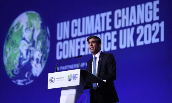 The UK's Chancellor of the Exchequer Rishi Sunak delivers a speech at the opening of Finance Day at the COP26 UN Climate Summit in Glasgow, Scotland, on Nov. 3, 2021. (Daniel Leal-Olivas /AFP via Getty Images)